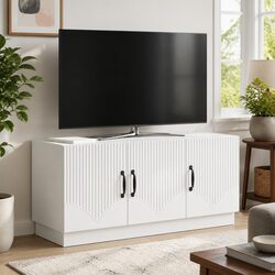 White TV Cabinet with Storage Shelves and Drawers