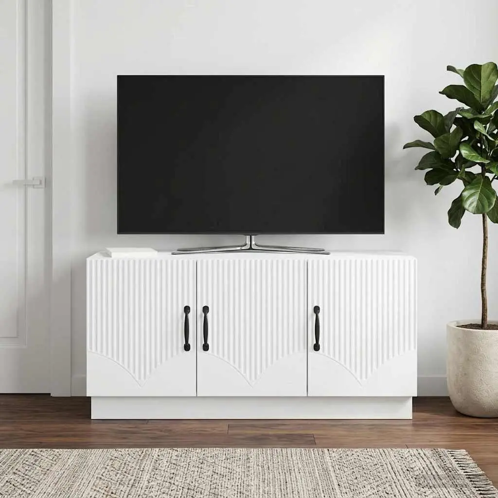 White TV Cabinet with Storage Shelves and Drawers