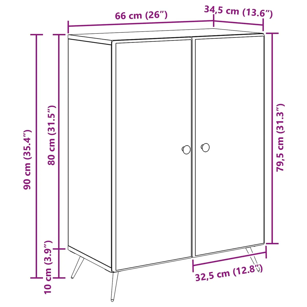 Sideboard White 66 x 34.5 x 90 cm Engineered Wood Storage Cabinet Buffet