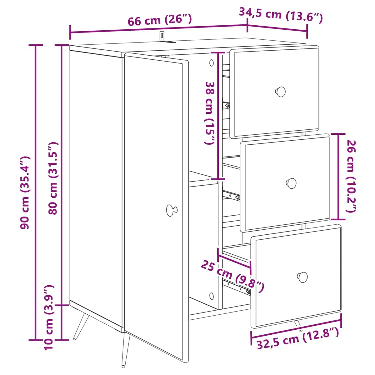 White Sideboard Buffet Storage Cabinet Dining Room Furniture 66x34.5x90cm