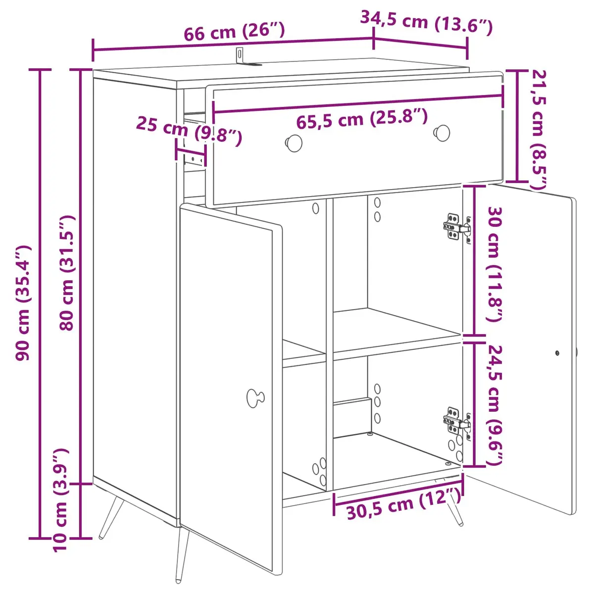 White Buffet Cabinet Storage Unit Engineered Wood 66x34.5x90cm Dining Room