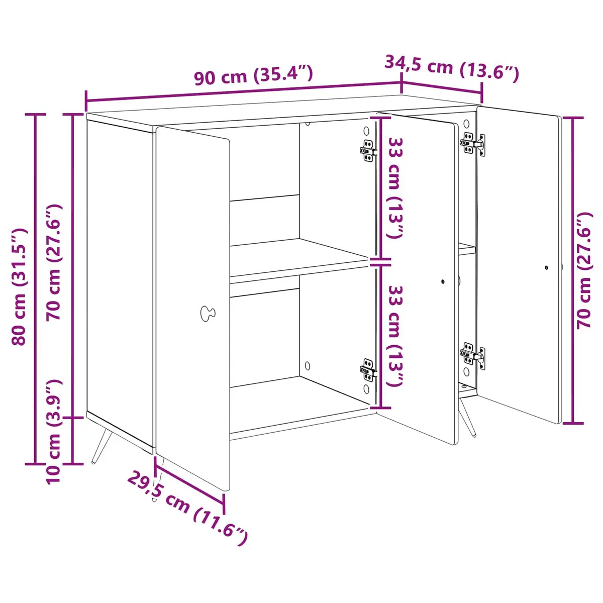 Engineered Wood Sideboard Storage Cabinet White 89cm x 34.5cm x 80cm Suitable for Living and Dining Room