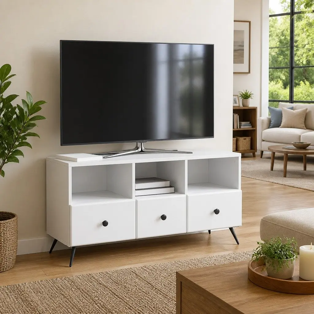 White Engineered Wood TV Cabinet with Storage Drawers