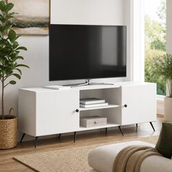 Vintage White TV Cabinet with Metal Legs and Storage
