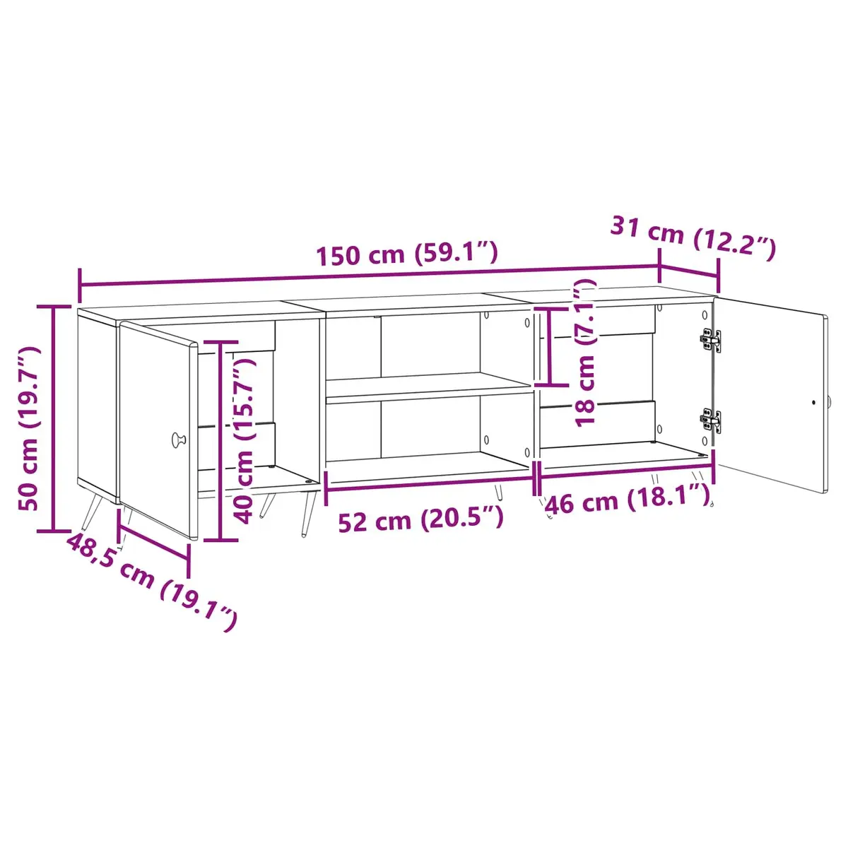 TV Cabinet Vintage White Lowboard Media Unit 150 x 31 x 50 cm Engineered Wood Metal Legs
