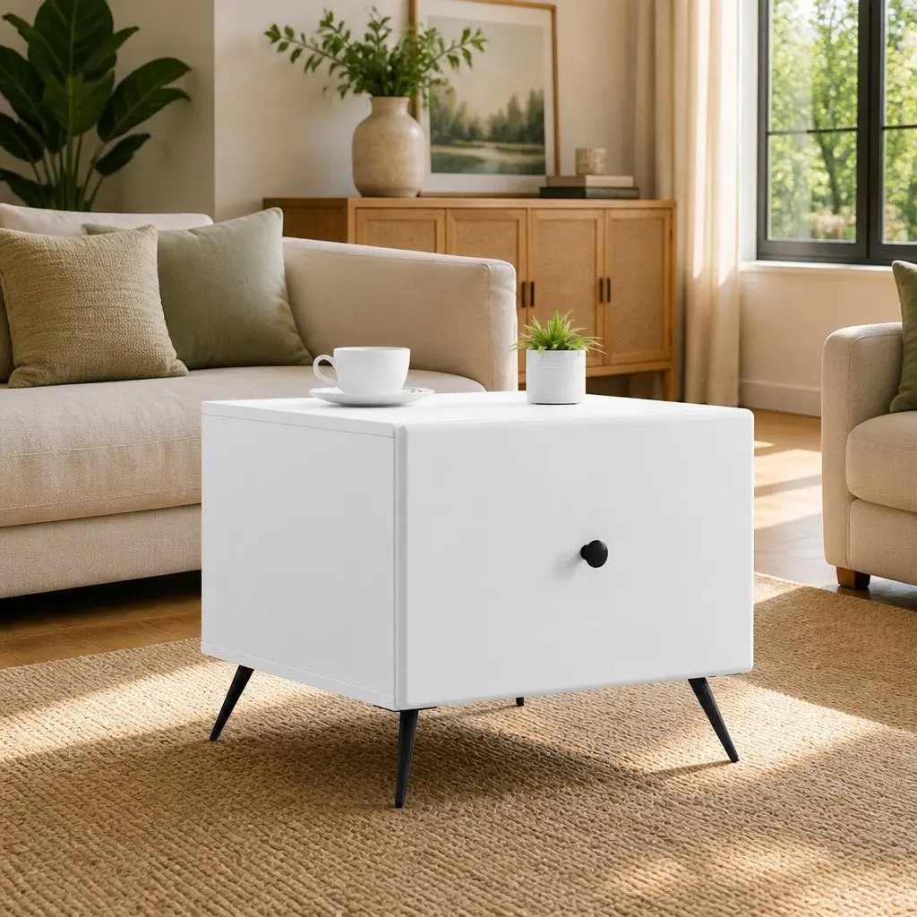 White Rectangular Coffee Table with Drawer for Living Rooms