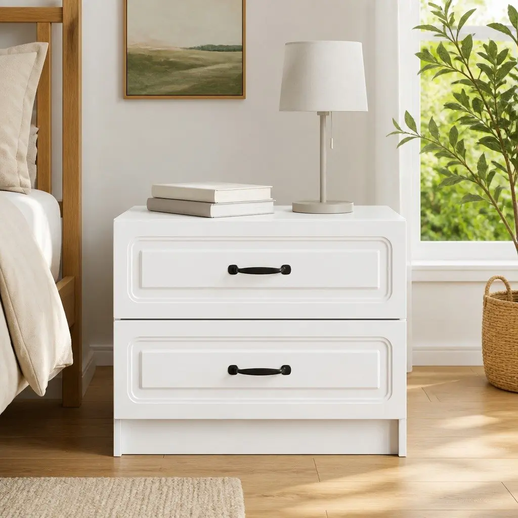 Bedside Table Modern White 62 x 34.5 x 44.5 cm Engineered Wood with Black Bar Handles