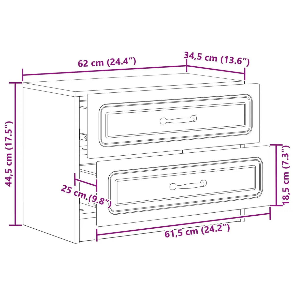 Bedside Table Modern White 62 x 34.5 x 44.5 cm Engineered Wood with Black Bar Handles