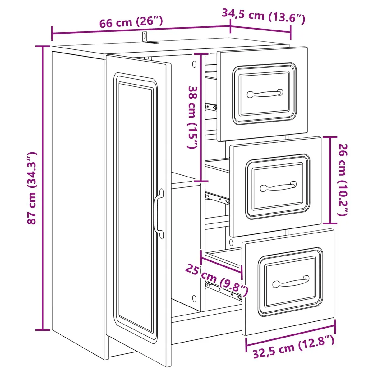White Sideboard Storage Cabinet 66cm