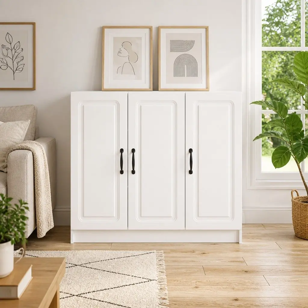 White Sideboard Storage Cabinet Modern Rectangular Engineered Wood