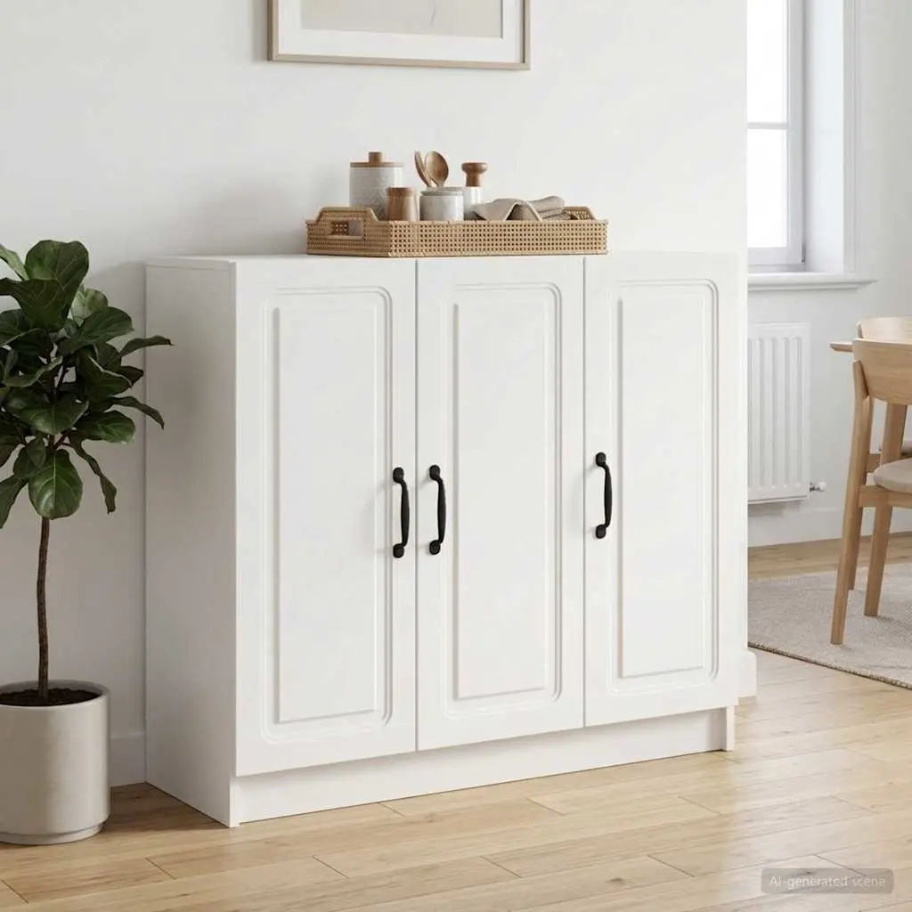 White Sideboard Storage Cabinet Modern Rectangular Engineered Wood