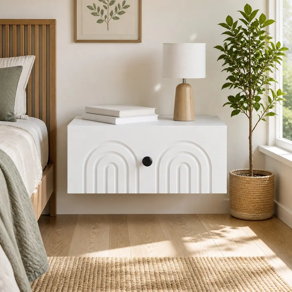 Wall-Mounted Bedside Cabinet White Engineered Wood Rectangular Storage Organizer