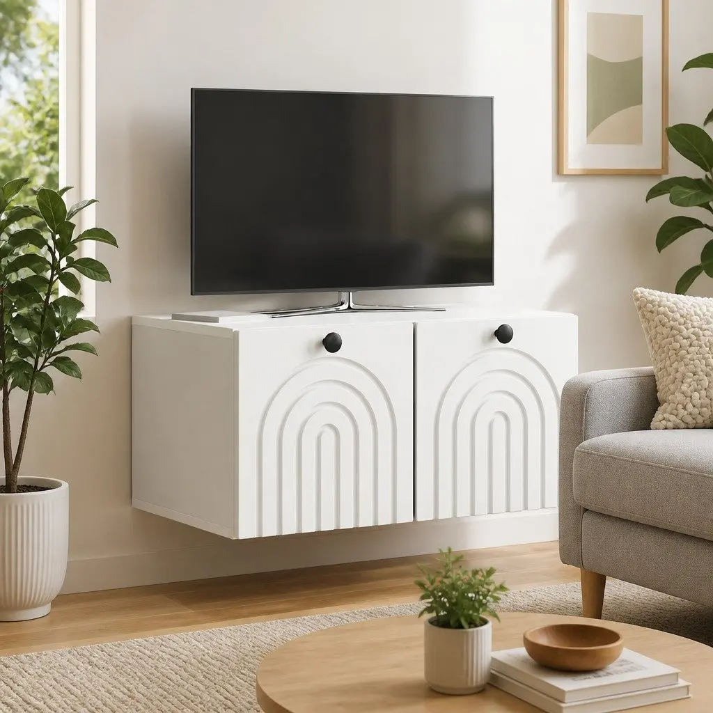 Wall-Mounted TV Cabinet White Modern Living Room Storage Engineered Wood