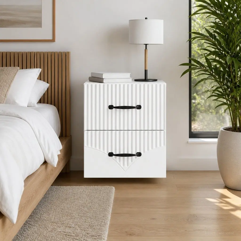 Wall-Mounted Bedside Cabinet with Modern Storage in White