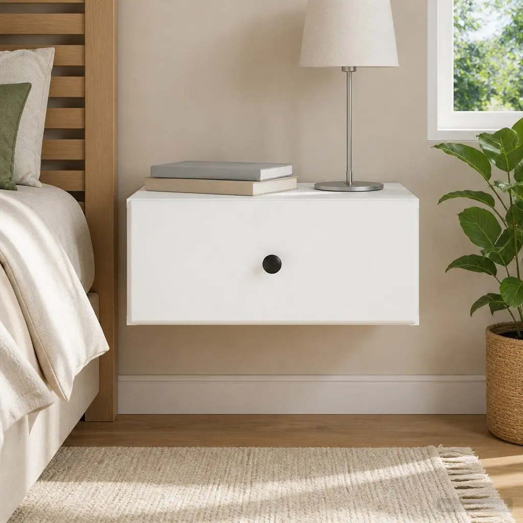Bedside Cabinet Wall-Mounted White Compact Modern Bedroom Storage Drawer Shelf