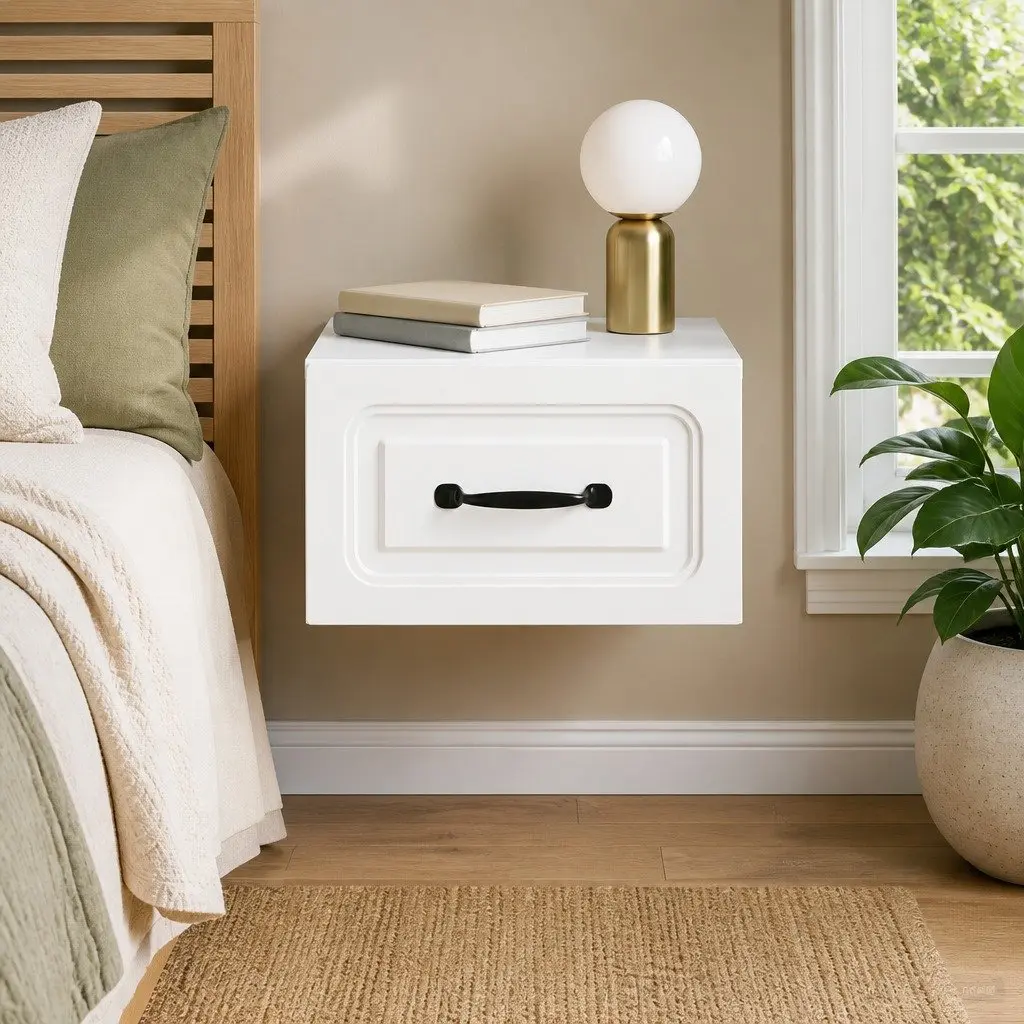 Wall-Mounted Bedside Cabinet White Engineered Wood Compact Storage Drawer Shelf