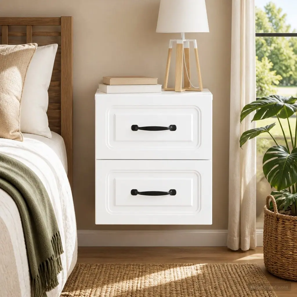 White Wall-Mounted Bedside Cabinet with Storage