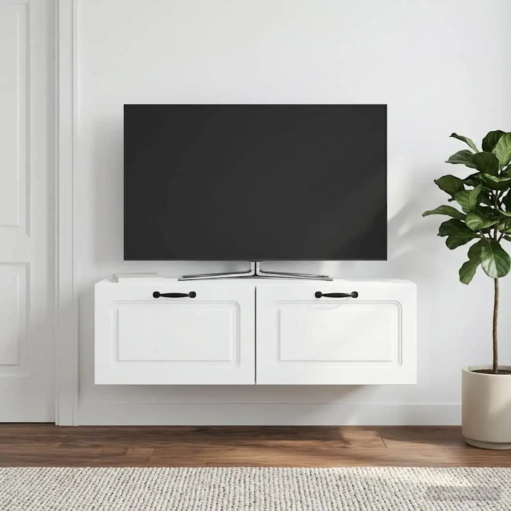 White Wall-Mounted TV Cabinet with Storage Shelves