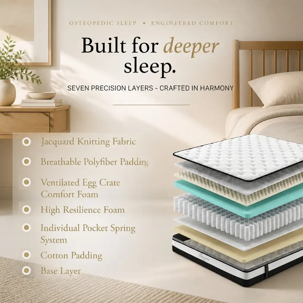 King Single Osteopedic Euro Top Pocket Spring Mattress Medium Firm Hybrid Foam 107cm x 203cm x 30cm 400GSM Knitted Jacquard Cover