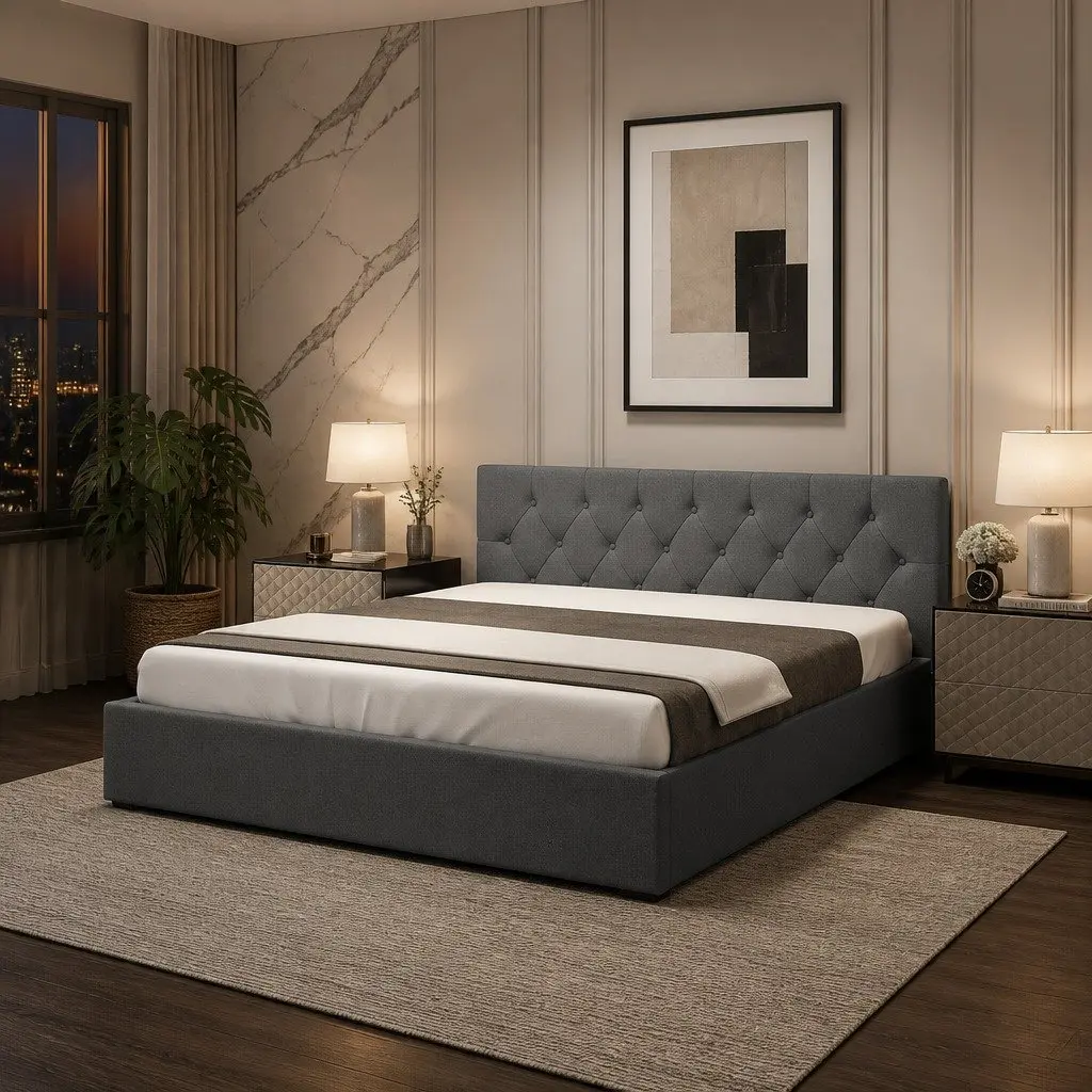 Gas Lift Bed Double Size Tufted Headboard Upholstered Fabric Modern Bedroom Furniture