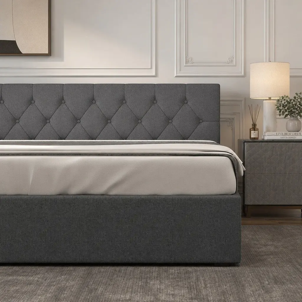 Gas Lift Bed Double Size Tufted Headboard Upholstered Fabric Modern Bedroom Furniture