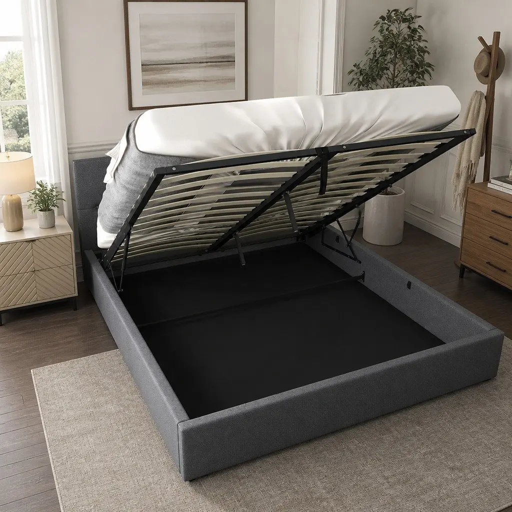 Gas Lift Bed Double Size Tufted Headboard Upholstered Fabric Modern Bedroom Furniture