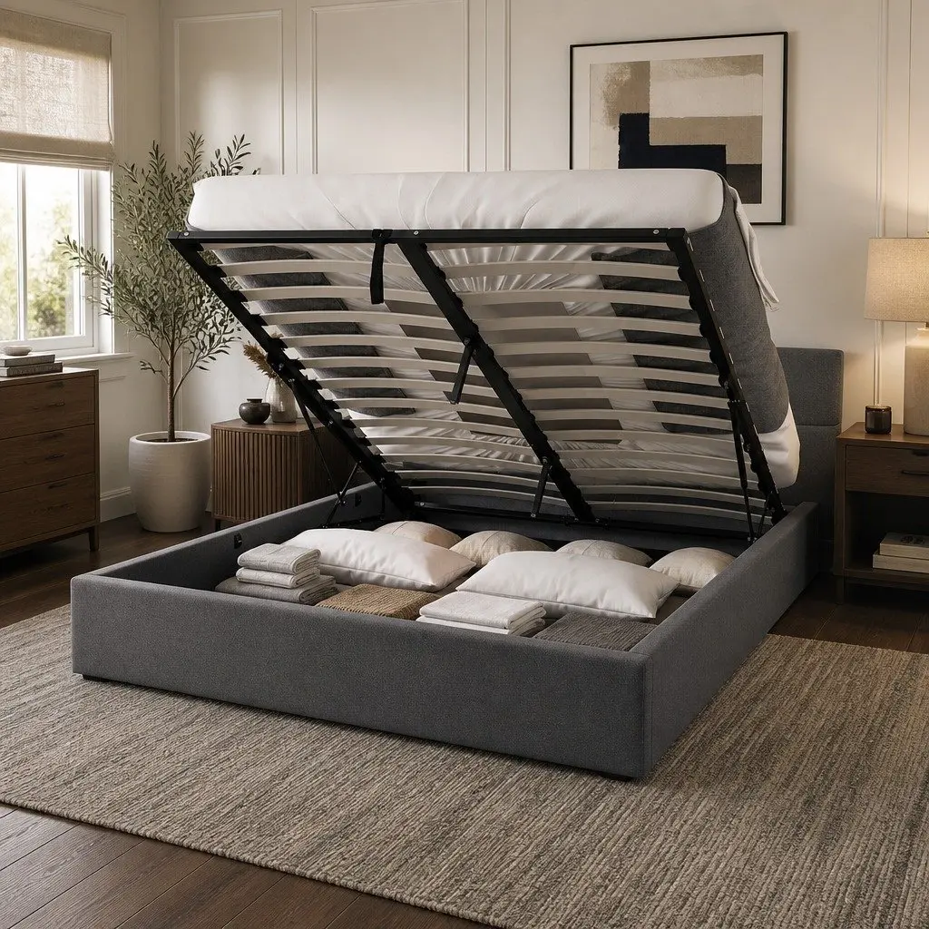 Gas Lift Bed Double Size Tufted Headboard Upholstered Fabric Modern Bedroom Furniture