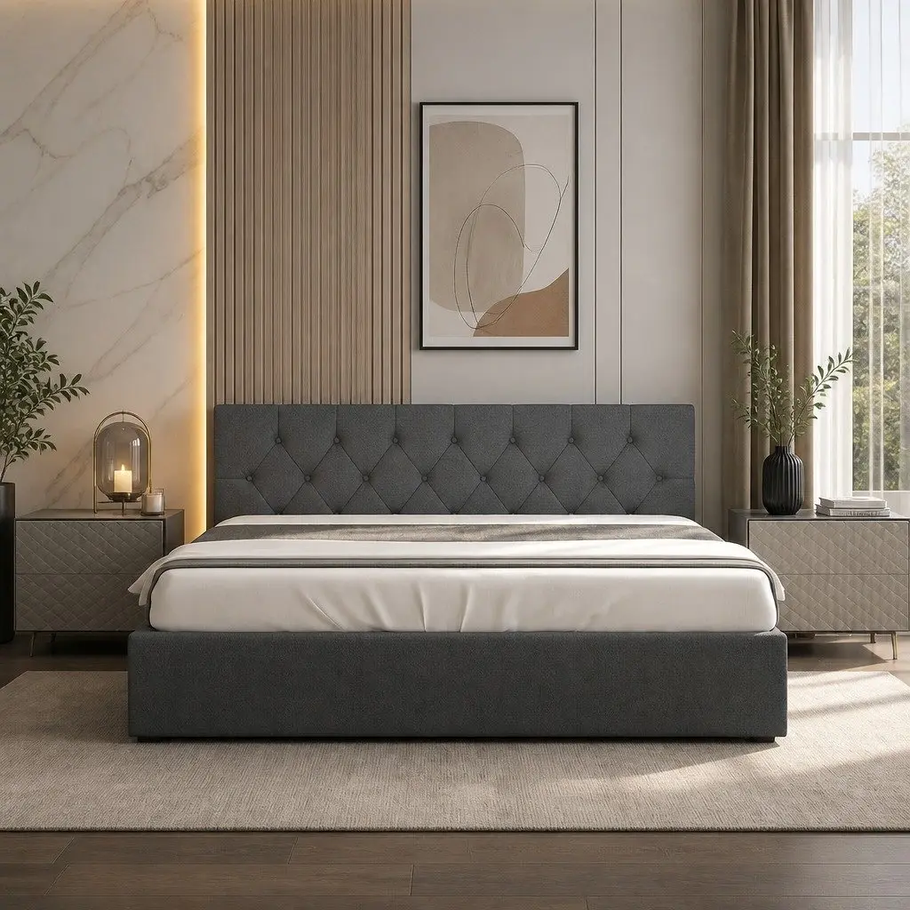 Gas Lift Bed Double Size Tufted Headboard Upholstered Fabric Modern Bedroom Furniture