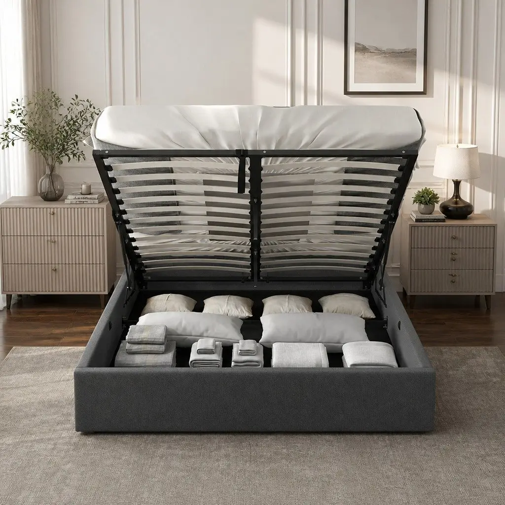 Gas Lift Bed Double Size Tufted Headboard Upholstered Fabric Modern Bedroom Furniture