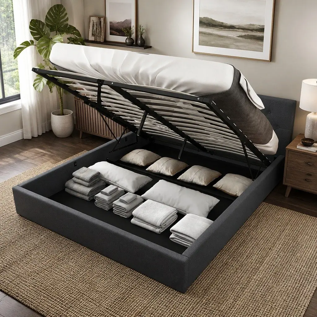 Gas Lift Bed Double Size Tufted Headboard Upholstered Fabric Modern Bedroom Furniture