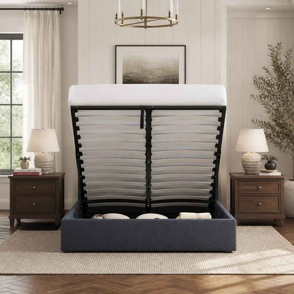 Gas Lift Bed Frame Modern King Single Storage Platform Upholstered Fabric Charcoal