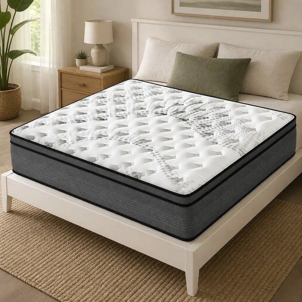 5 Zone Euro Top Double Mattress Medium Firm Pocket Spring Pressure Relief 137cm x 190cm White Grey with Black Trim