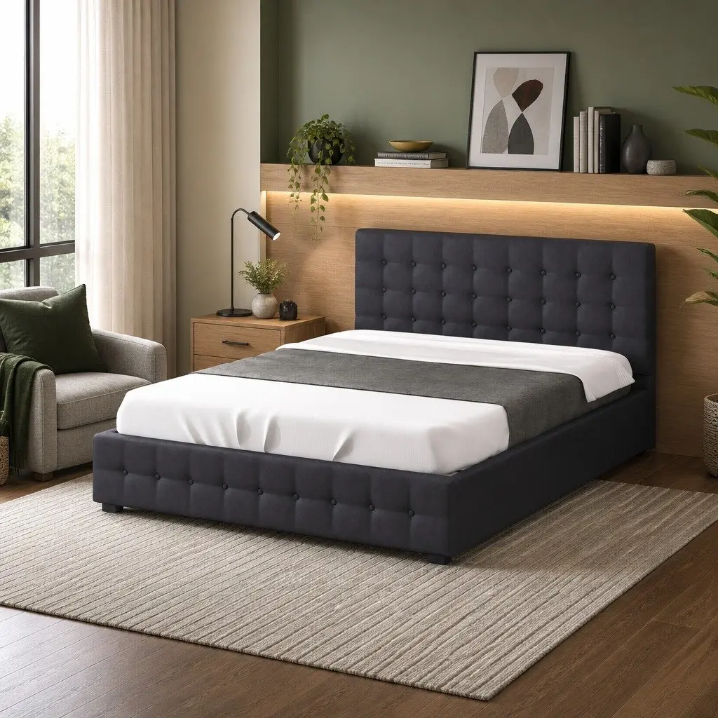 Gas Lift Bed Frame Upholstered Dark Grey Linen Fabric with Headboard 200cm L x 105cm W x 87.5cm H
