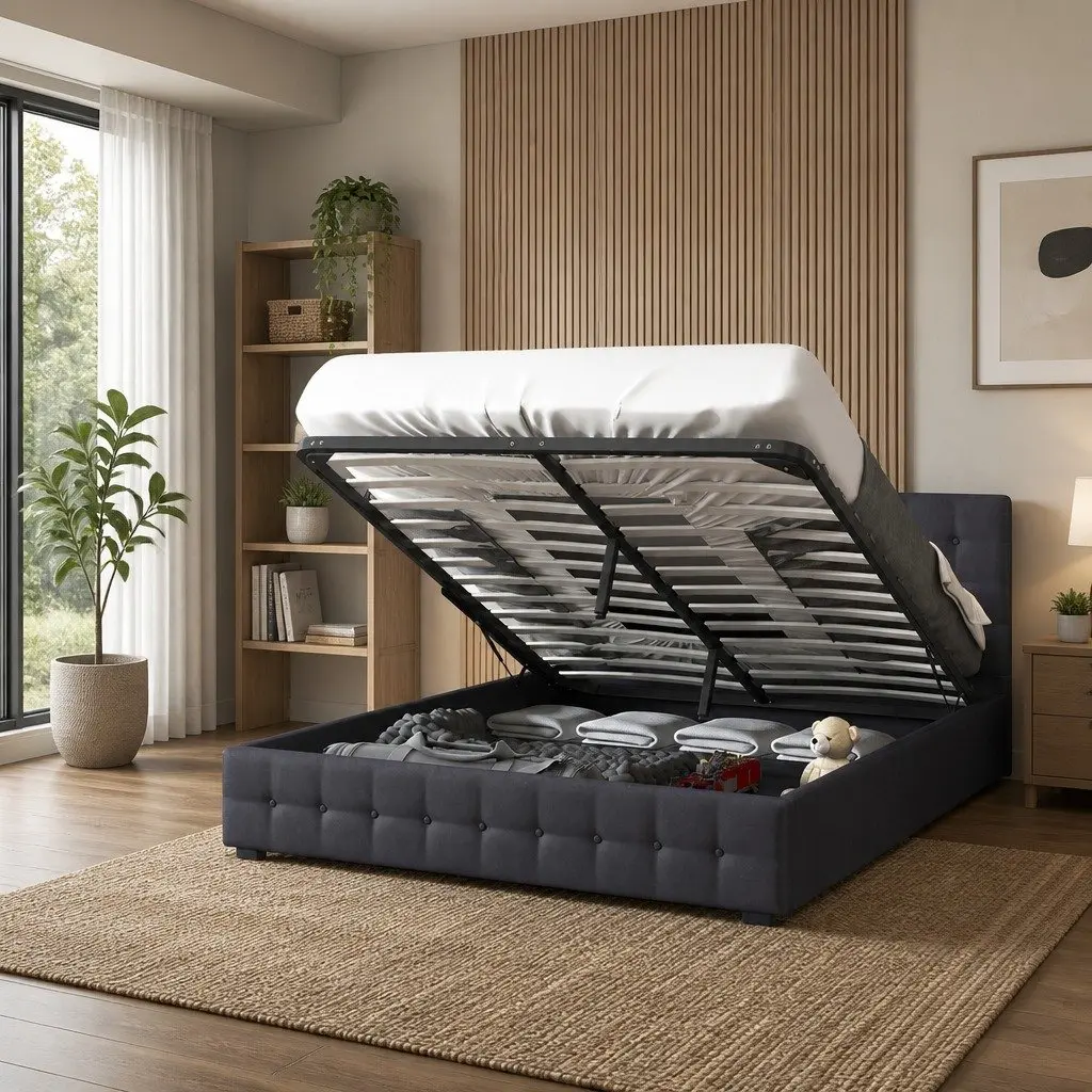 Gas Lift Bed Frame Upholstered Dark Grey Linen Fabric with Headboard 200cm L x 105cm W x 87.5cm H
