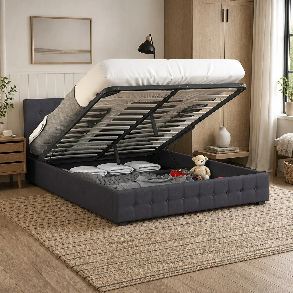 Gas Lift Bed Frame Upholstered Dark Grey Linen Fabric with Headboard 200cm L x 105cm W x 87.5cm H