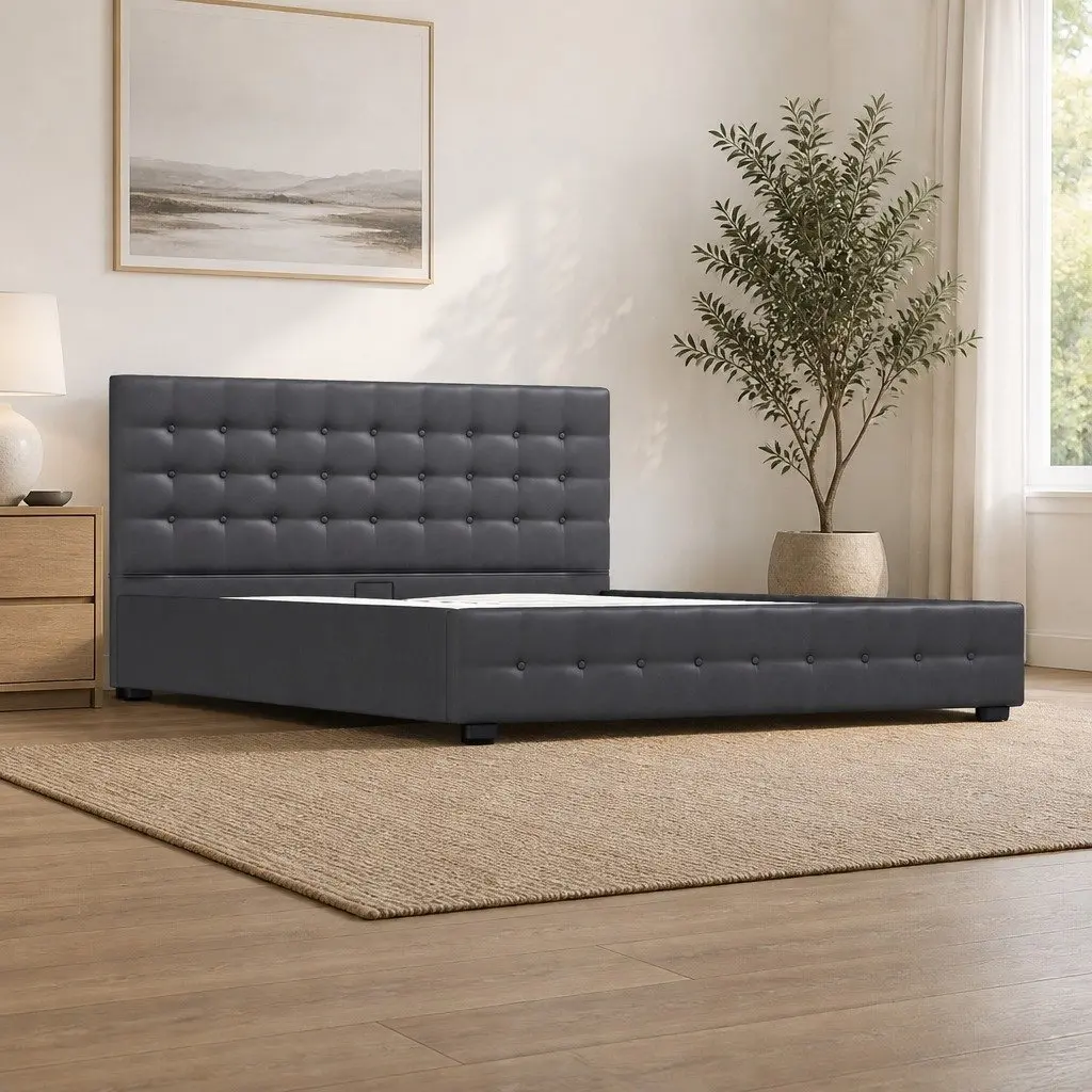 Gas Lift Bed Frame Upholstered Dark Grey Linen Fabric with Headboard 200cm L x 105cm W x 87.5cm H