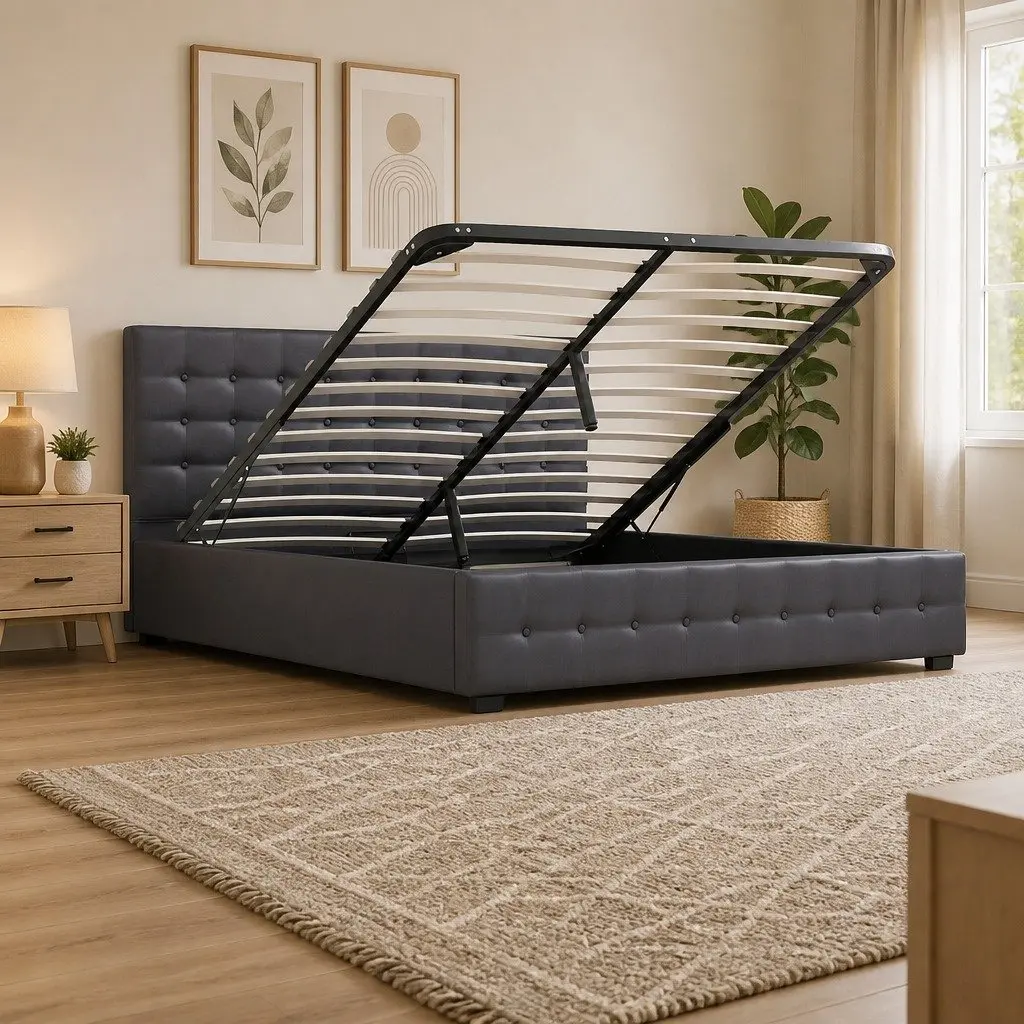 Gas Lift Bed Frame Upholstered Dark Grey Linen Fabric with Headboard 200cm L x 105cm W x 87.5cm H