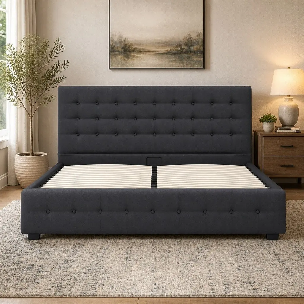 Gas Lift Bed Frame Upholstered Dark Grey Linen Fabric with Headboard 200cm L x 105cm W x 87.5cm H