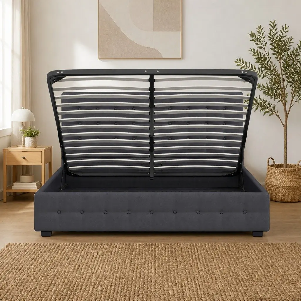 Gas Lift Bed Frame Upholstered Dark Grey Linen Fabric with Headboard 200cm L x 105cm W x 87.5cm H