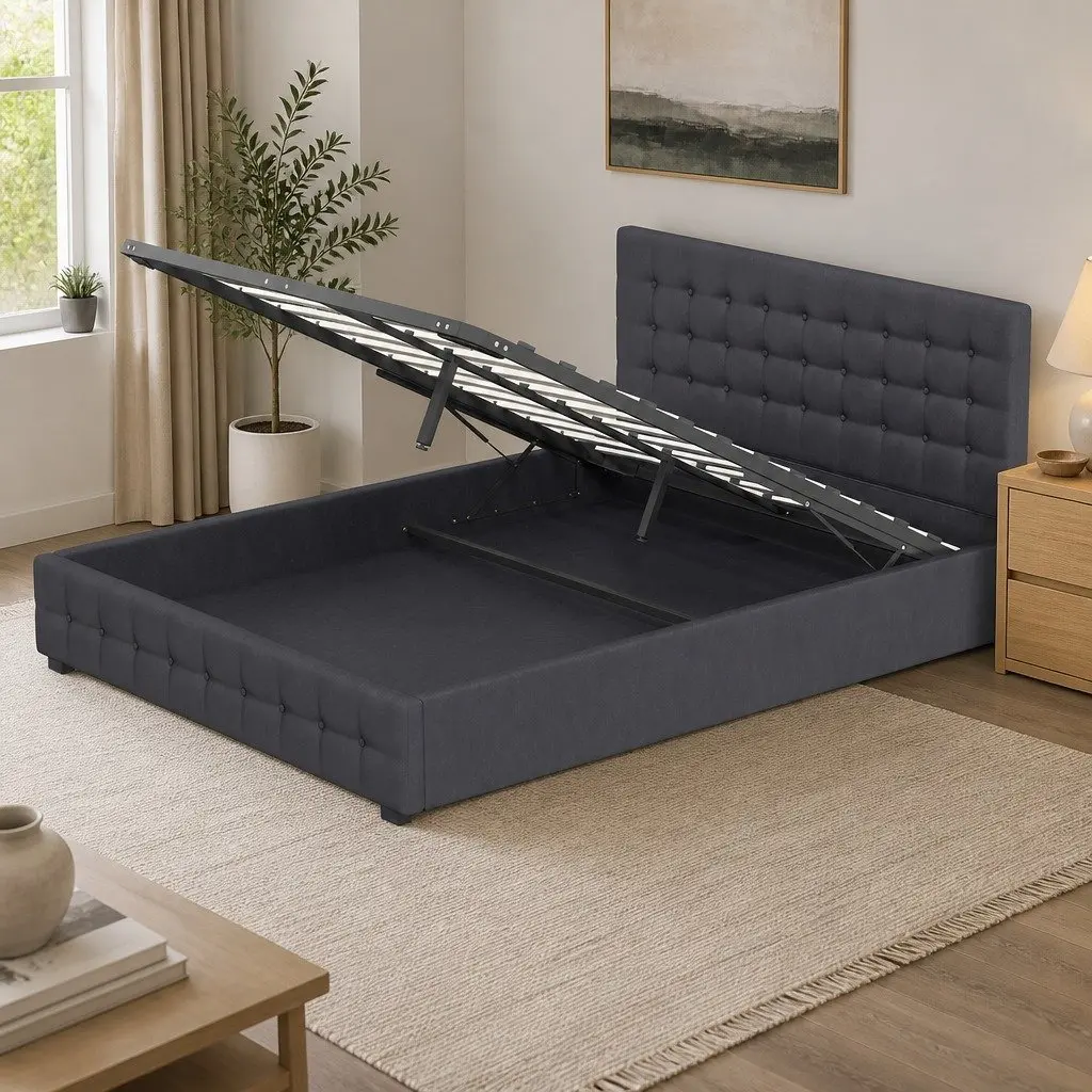 King Single Gas Lift Storage Bed Dark Grey Linen Upholstered