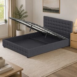 Dark Grey Linen Upholstered King Single Gas Lift Storage Bed