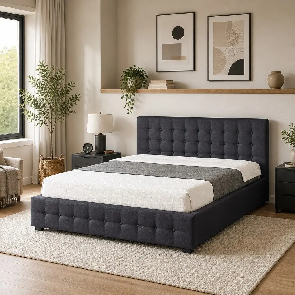 King Single Gas Lift Storage Bed Dark Grey Linen Upholstered