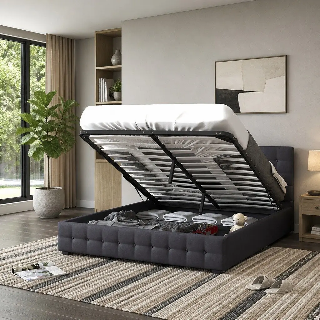 King Single Gas Lift Storage Bed Dark Grey Linen Upholstered