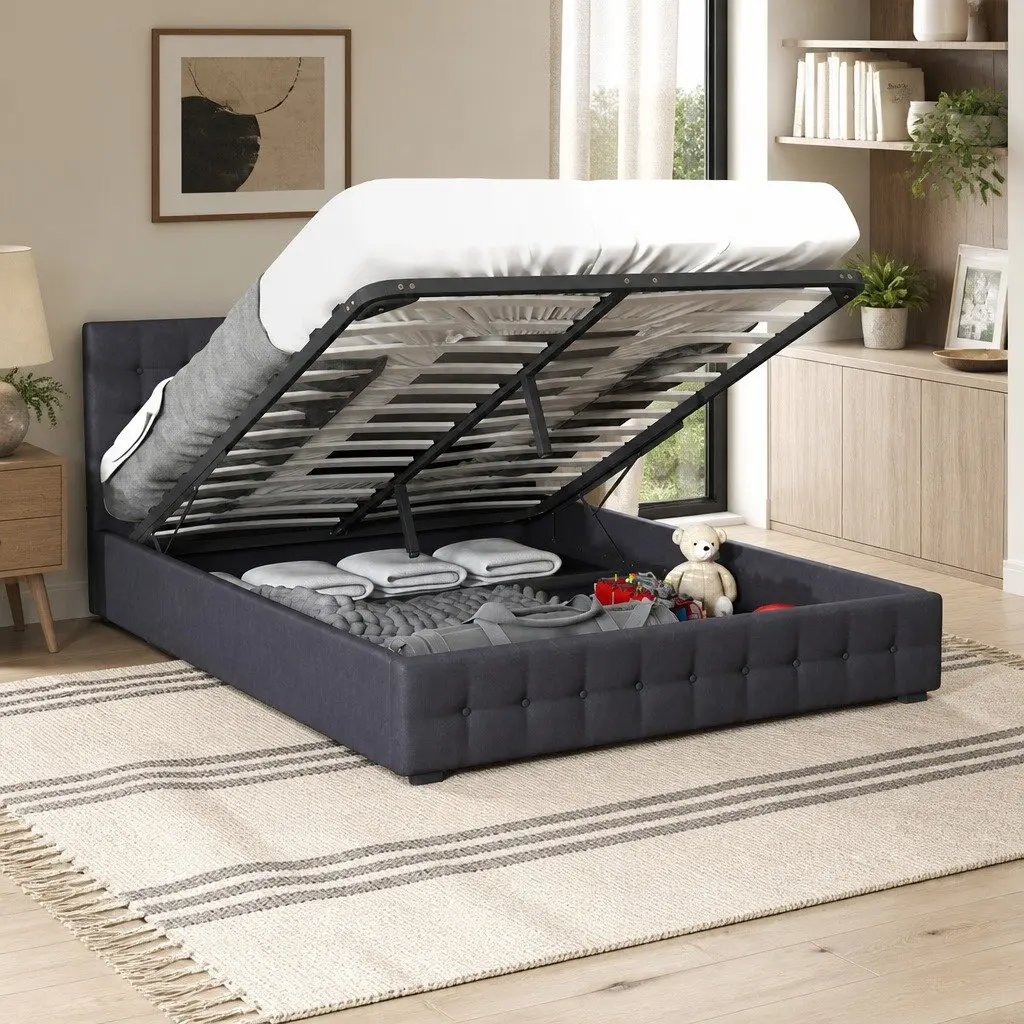 King Single Gas Lift Storage Bed Dark Grey Linen Upholstered