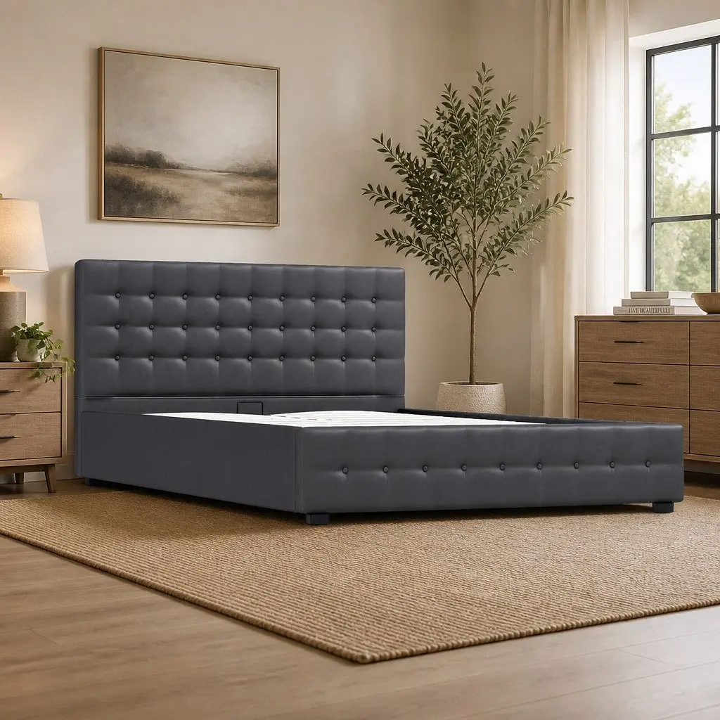 King Single Gas Lift Storage Bed Dark Grey Linen Upholstered