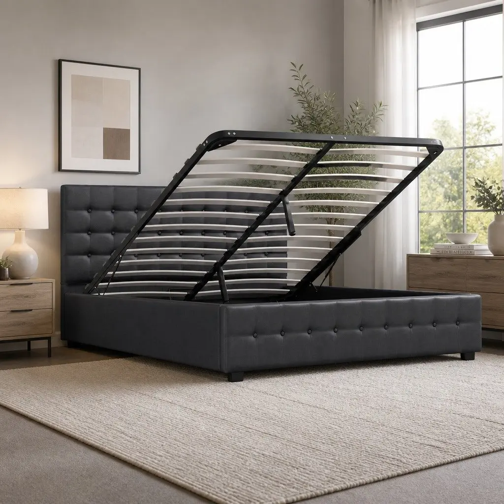 King Single Gas Lift Storage Bed Dark Grey Linen Upholstered