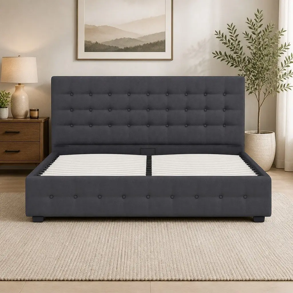 King Single Gas Lift Storage Bed Dark Grey Linen Upholstered