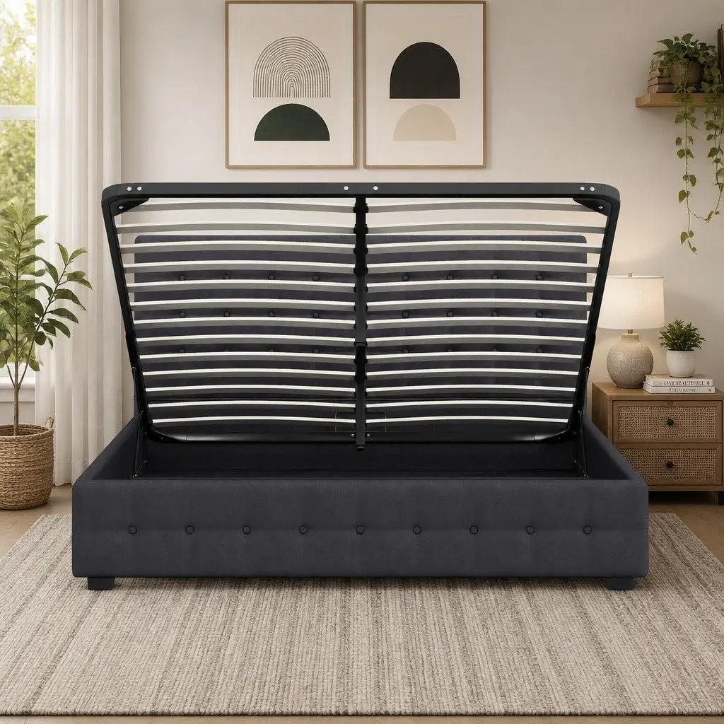 King Single Gas Lift Storage Bed Dark Grey Linen Upholstered