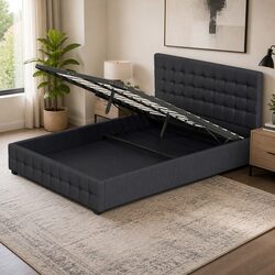 Gas Lift Storage Bed Double Dark Grey Tufted Upholstered Frame with Headboard