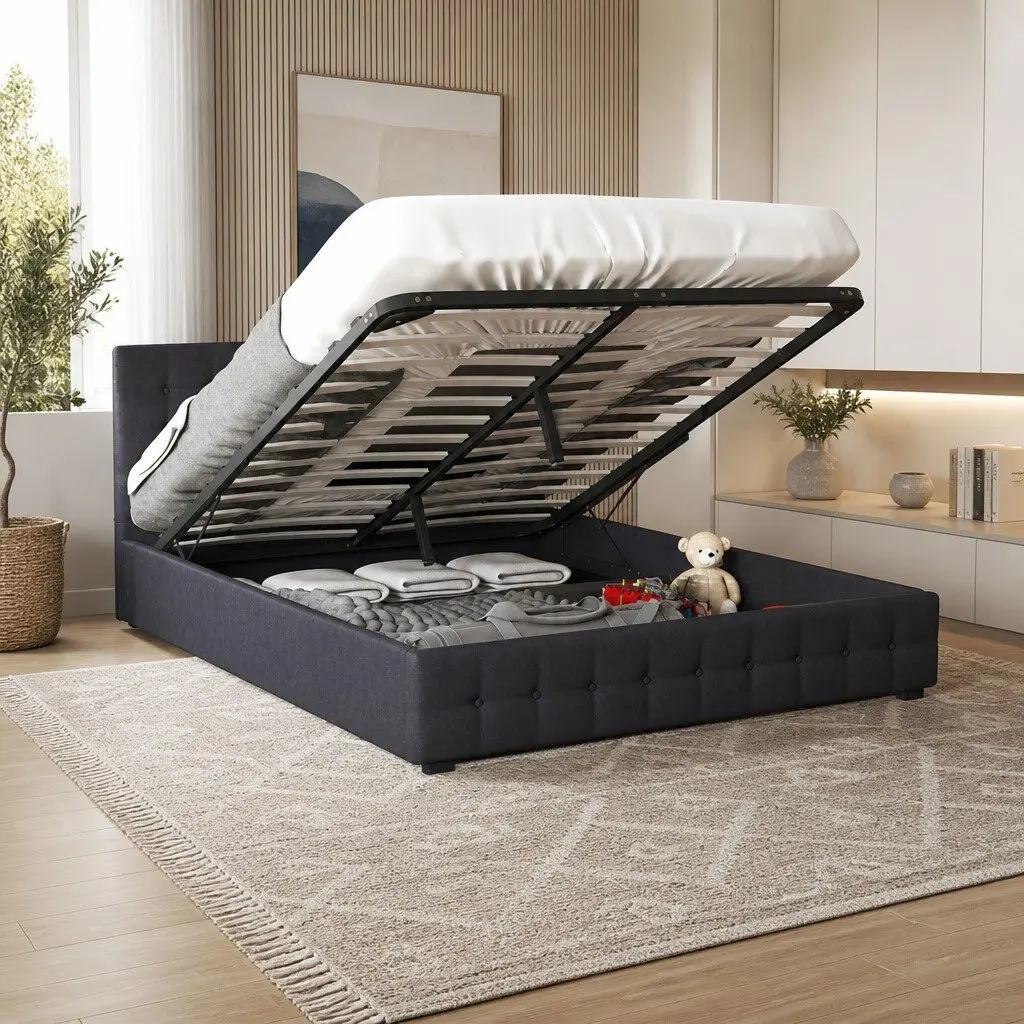 Gas Lift Storage Bed Double Dark Grey Tufted Upholstered Frame with Headboard